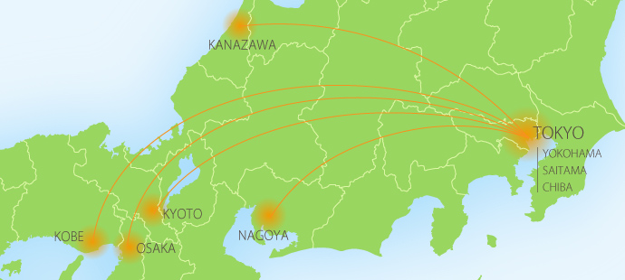 TOKYO[YOKOHAMA,SAITAMA,CHIBA] to KANAZAWA, to NAGOYA, to KYOTO, to OSAKA, to KOBE